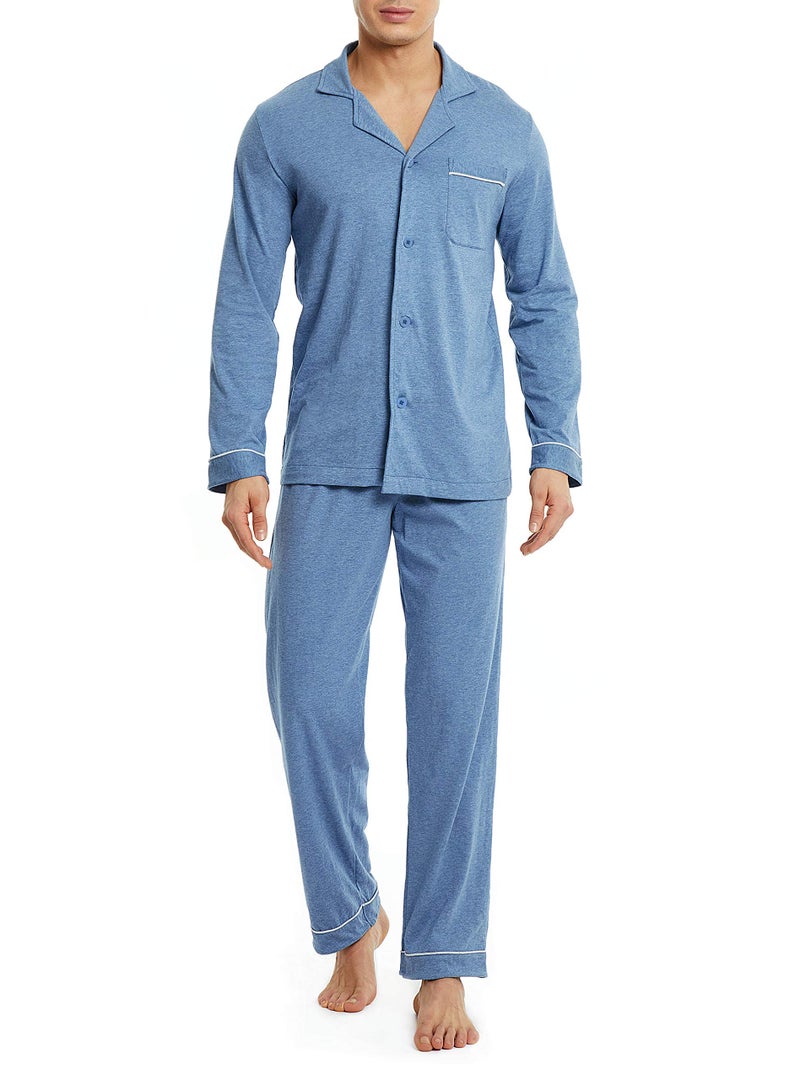 DAVID ARCHY Mens Pajamas Set Soft Cotton Notched Collar Pajamas for Men Long Sleeve Mens Sleepwear with Pockets & Front Fly (M, Heather Navy Blue) - Image 1